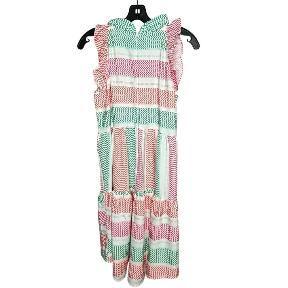 Mazik High Neckline Ruffle Tiered Frock Striped Fun Preppy Colorful Dress Small - Picture 2 of 7